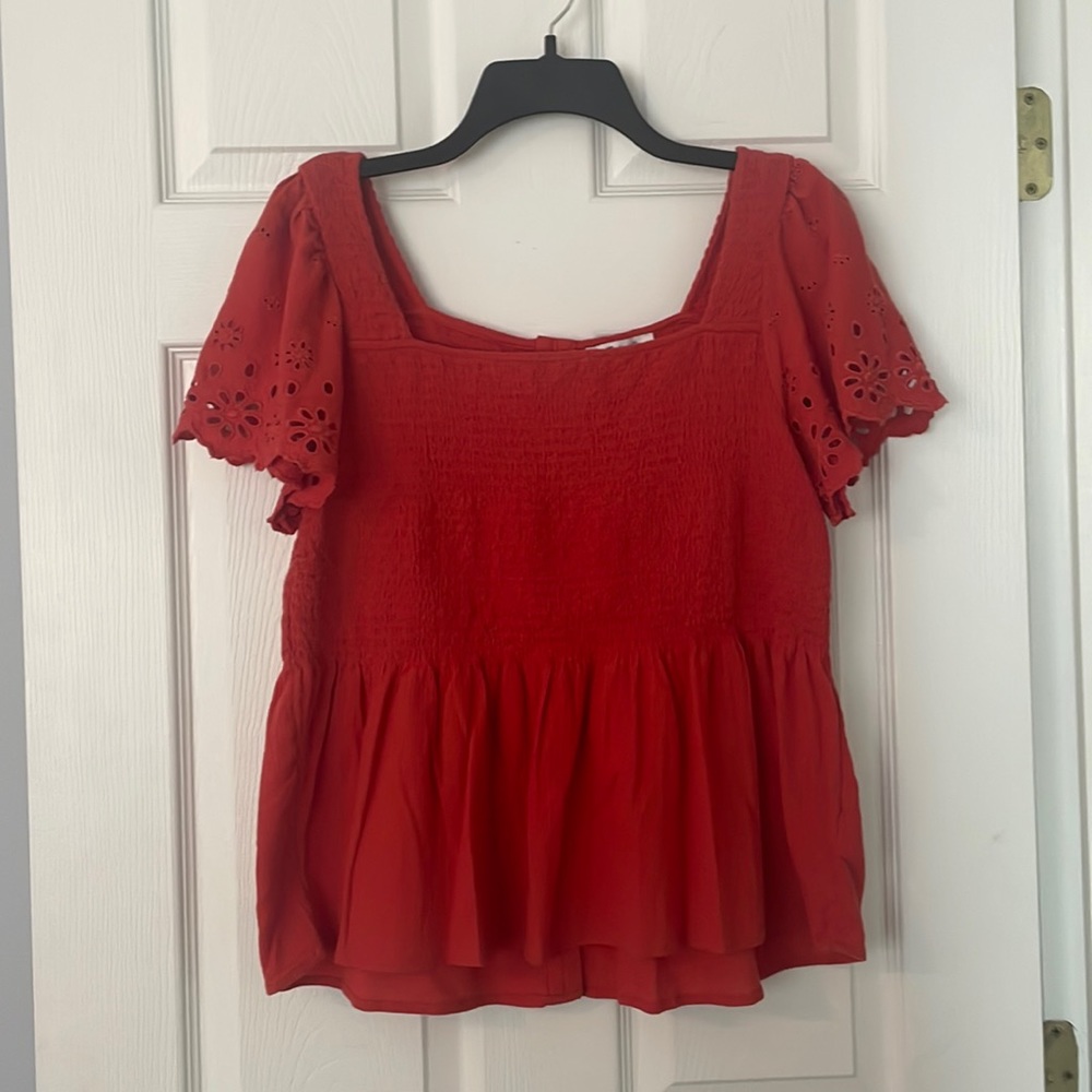 Madewell Red Square-Neck Eyelet Sleeve Peplum Top
